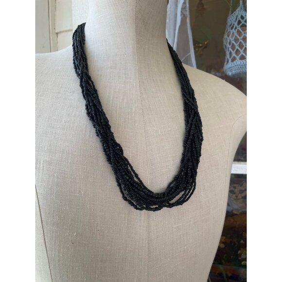 Vintage 1960s Black glass Seed Bead 12 Strand Necklace Cluster Earrings Set - Picture 7 of 14